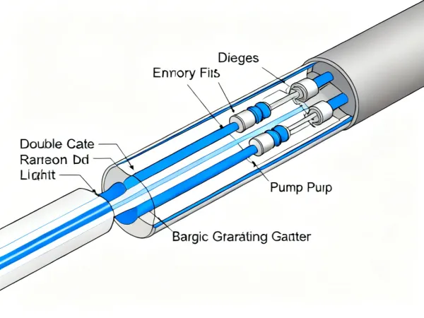 Fiber laser architecture showing double-clad fiber and pump diode coupling